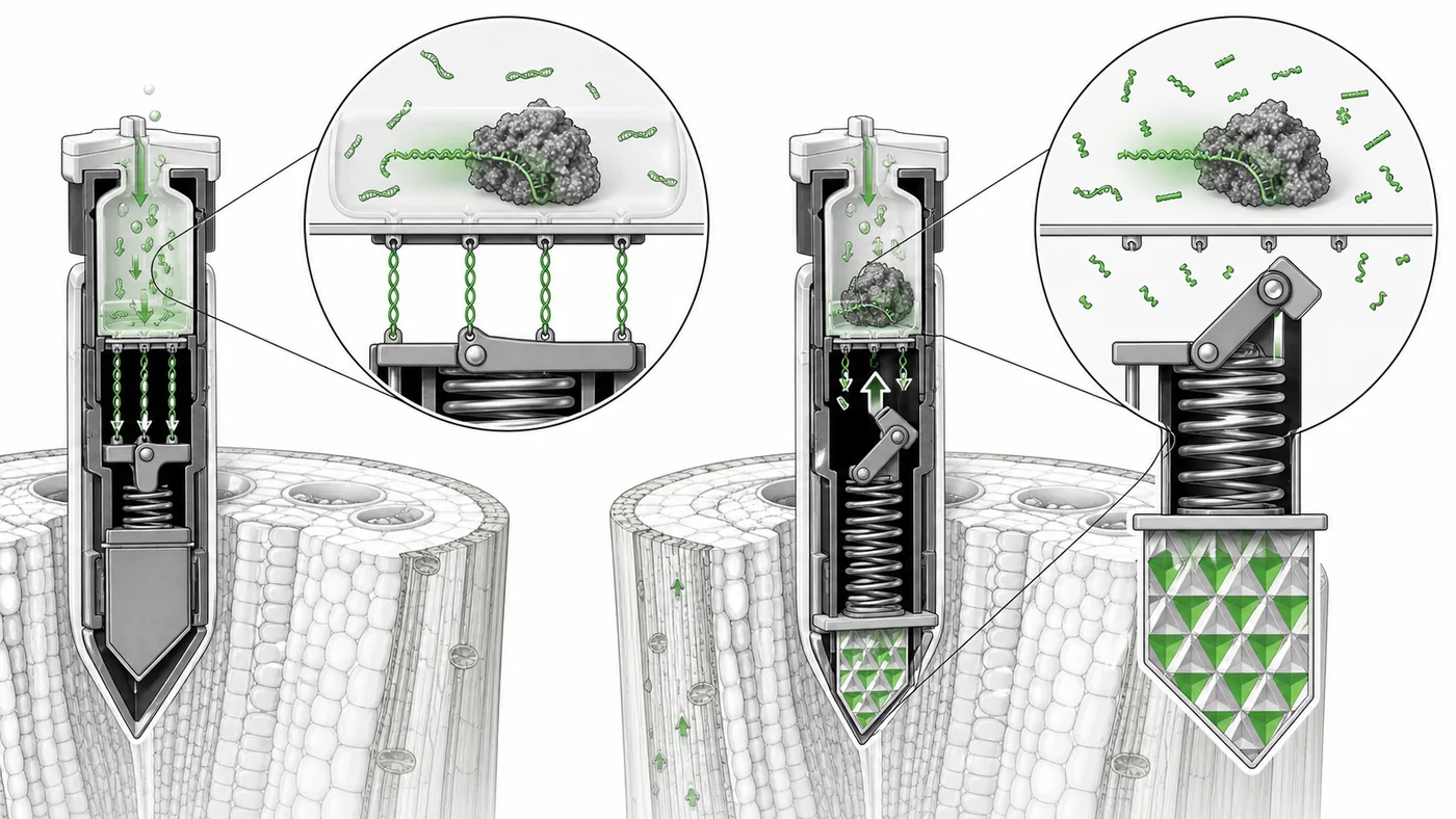 CLR-Staple — 작동 메커니즘. 병원체 RNA가 기계 래치를 풀어 재귀반사 바코드를 여는 무전원 수액 삽입형 진단